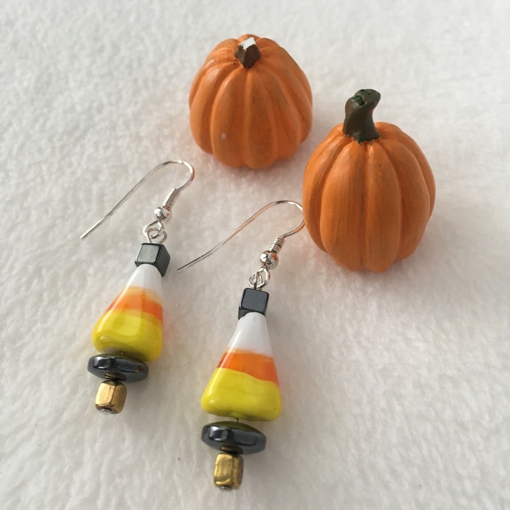 Halloween Candy Corn Earrings on Silver Hooks - Picture 2 of 4